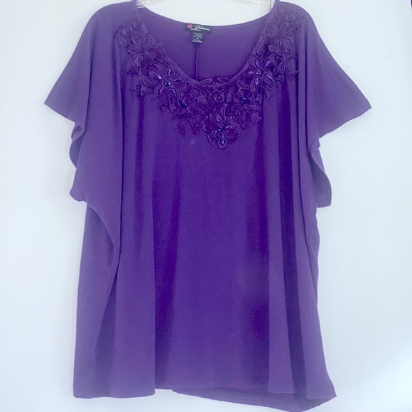 Delirious Purple Jewel Embellished V Neck Pullover T-Shirt Plus Size - Picture 1 of 11